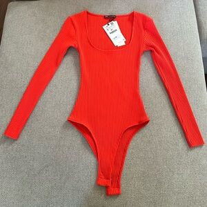 Zara Ribbed Long-Sleeve Bodysuit in Bright Coral NWT